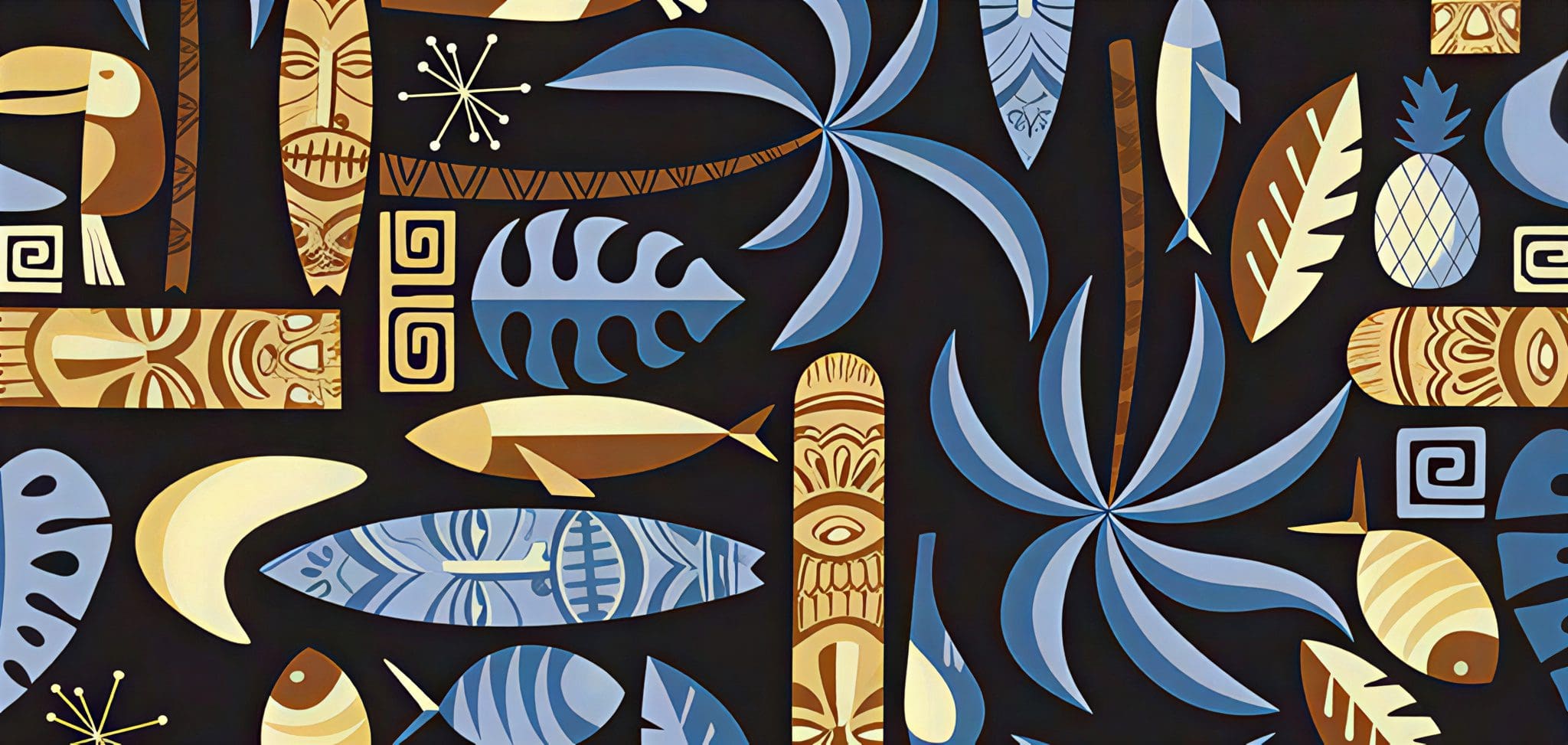 Vibrant island-themed artwork with nature motifs.