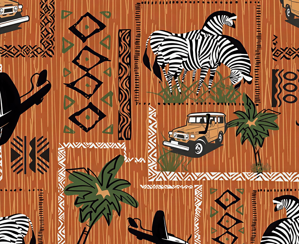 Safari-themed pattern with zebras and jeeps