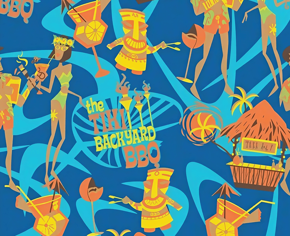 Tiki-themed backyard BBQ illustration