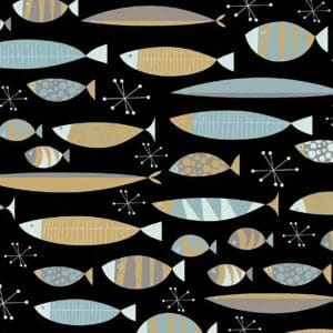 Stylized mid-century fish pattern on black